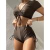 Lace Up Short Sleeve High Waist Bikini Female Swimsuit Women Swimwear Two-pieces Bikini Set Bather Bathing Suit