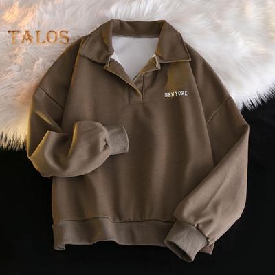 Женская толстовка осень-весна с отложным воротником, свободная, с длинными рукавами, однотонная, с тонкими эластичными манжетами и подолом, в спортивном стиле, для школы, повседневный топ