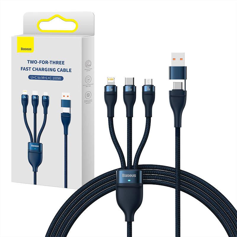 Kabel Usb 3W1 Baseus Flash Series 2, Usb-C + Micro Usb + Lightning, 100W, 1.2M (Niebieski)