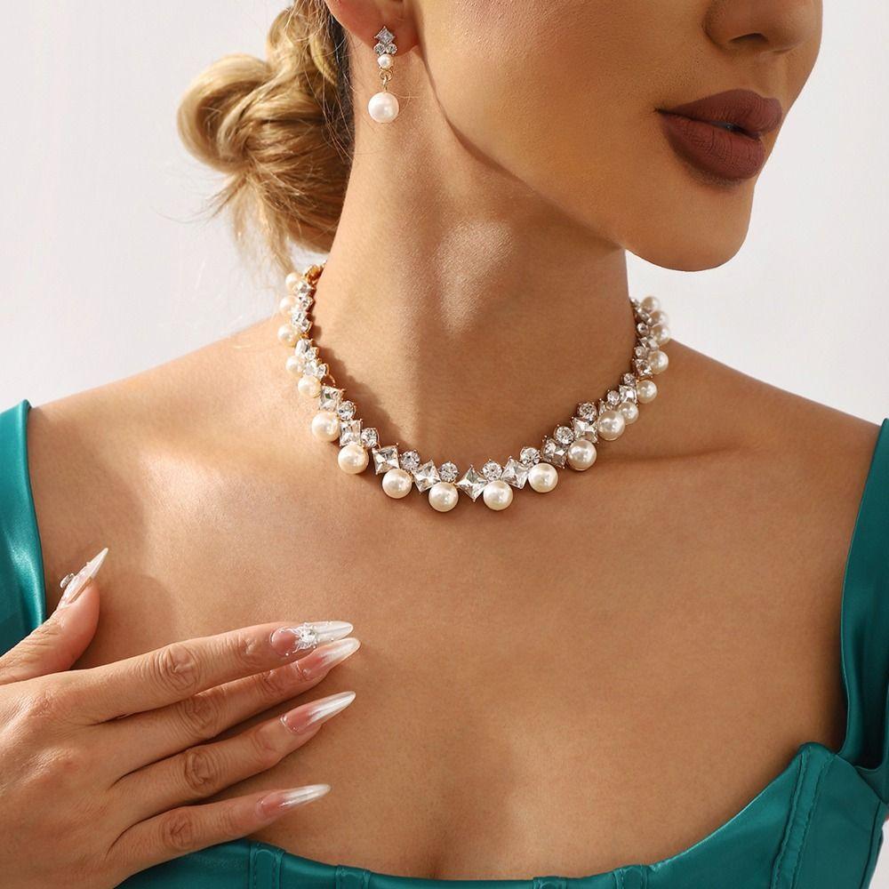 Elegant Pearl Jewelry Set Multi-layer Rhinestone Choker Fashion Pearl Dangle Earrings Daily