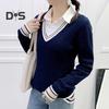 Unisex Sweater V-Neck Long Sleeve Couples School Uniforms Loose Fit Color-Blocking Design Twist Texture Preppy Style Knitting Tops