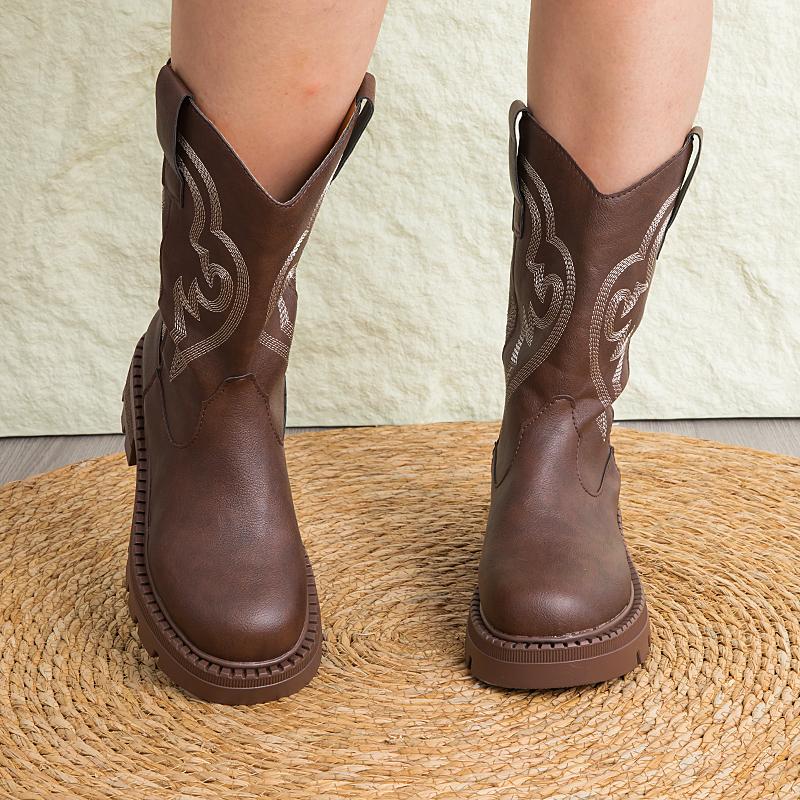 25Осень И Зима Винтажная Вышивкаженские Летние Ботильоны на Толстом Каблуке до Середины Икры, Ботинки Пустынника Интернет-Знаменитости, Короткие Ботинки