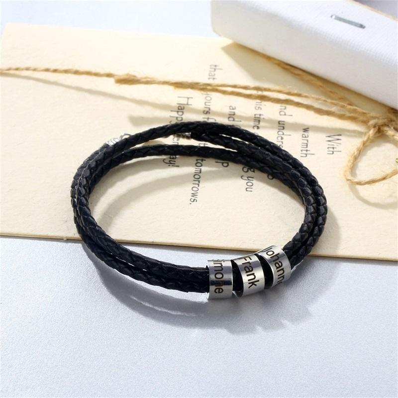 Персонализированные мужские плетеные браслеты из натуральной кожи с бусинами из нержавеющей стали, браслеты-подвески с индивидуальным именем для мужчин с семьей