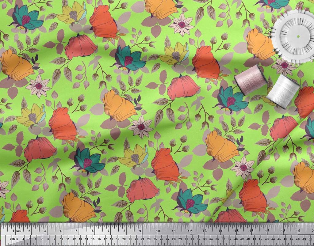 Soimoi Japan Crepe Satin Fabric Leaves & Floral Artistic Fabric Prints By Metre 42 Inch