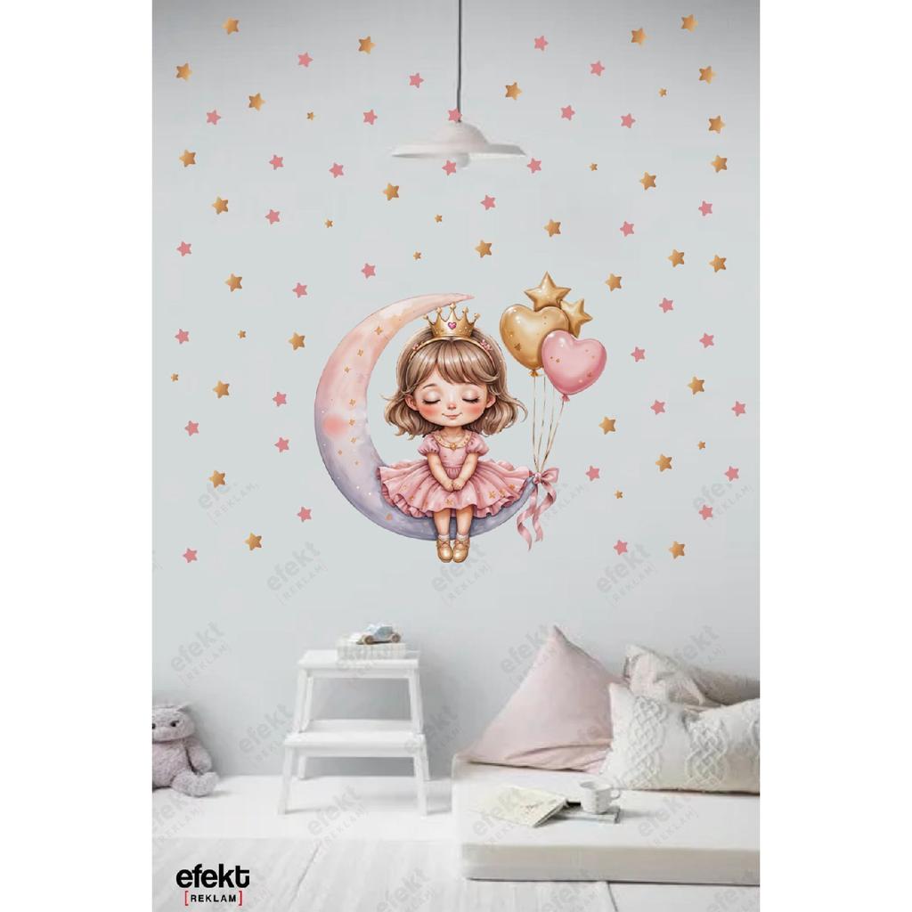 Cute Girl Sitting On The Moon Kids Room Door - Wall Adhesive Sticker Set