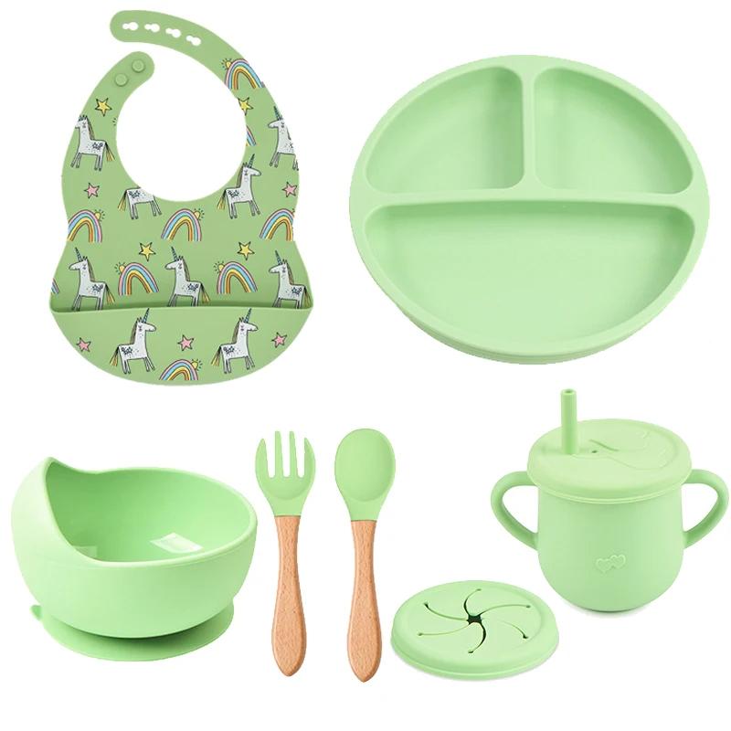7PCS Baby Solid Silicone Tableware Set with Divided Baby Plates Feeding Bowls Straw Cup and Spoon for Toddler Training BPA Free