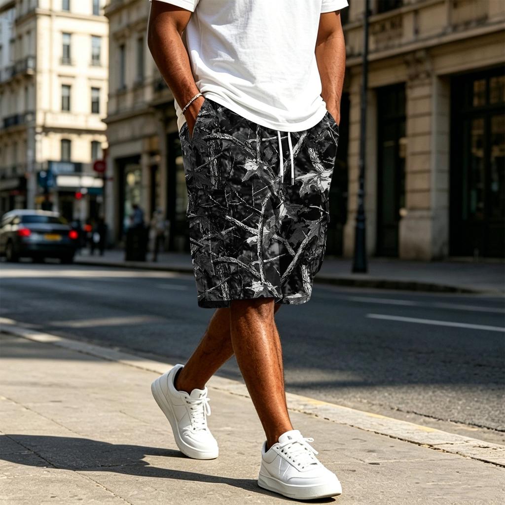 Men Tree Pattern Camouflage Drawstring Waist Casual Shorts with Pockets Relaxed Fit Lightweight Breathable Fabric for Daily Wear
