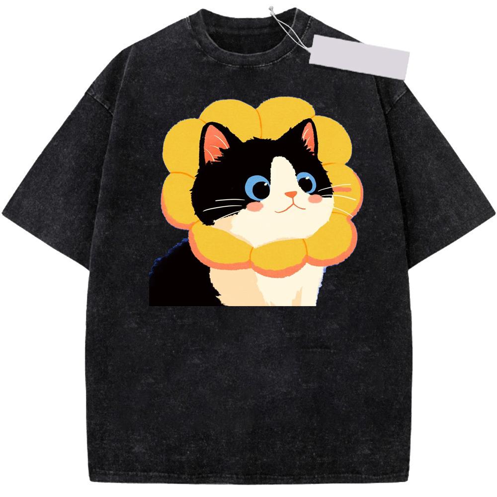 Cute Cartoon Flower Cat Prints Women Washed T-Shirt Casual Cotton T Shirts All-Match Comfortable Tee Top Summer Short Sleeve