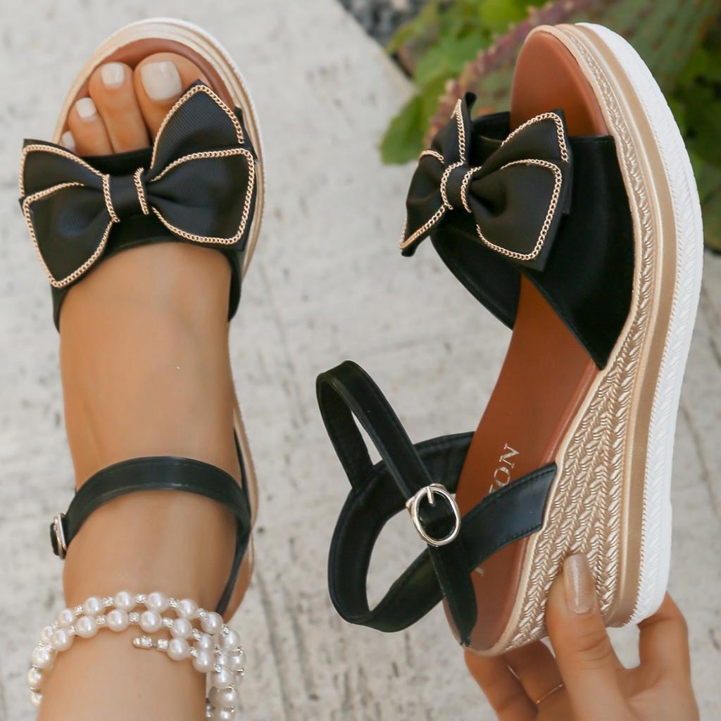 Босоножки на каблуке-каблуке, женские, летние, с толстой подошвой, с круглым носком, с открытым носком, модные, с бантом, большого размера, женская обувь