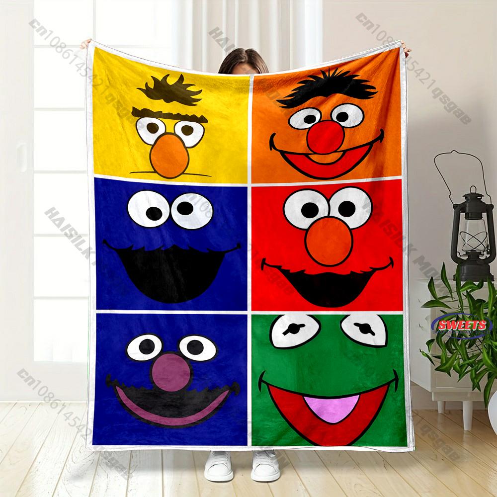 6 Sizes S-Sesame S-Street Pattern Printed Blanket, Cozy Warm Blanket for Sofa, Bed, Camping, Holiday Gift for Family and Friends