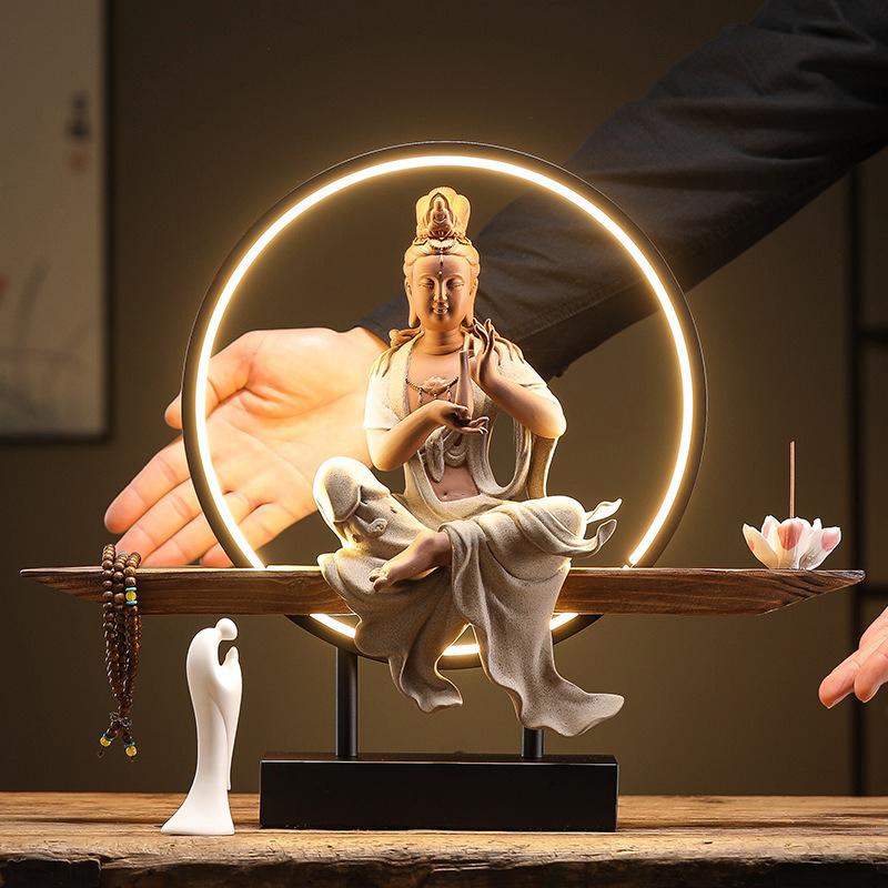 Backflow Incense Burner Ceramic Guan Yin Statue Zen Bodhisattva Figurine Waterfall Smoke Cone Home Office Desk Table Decor