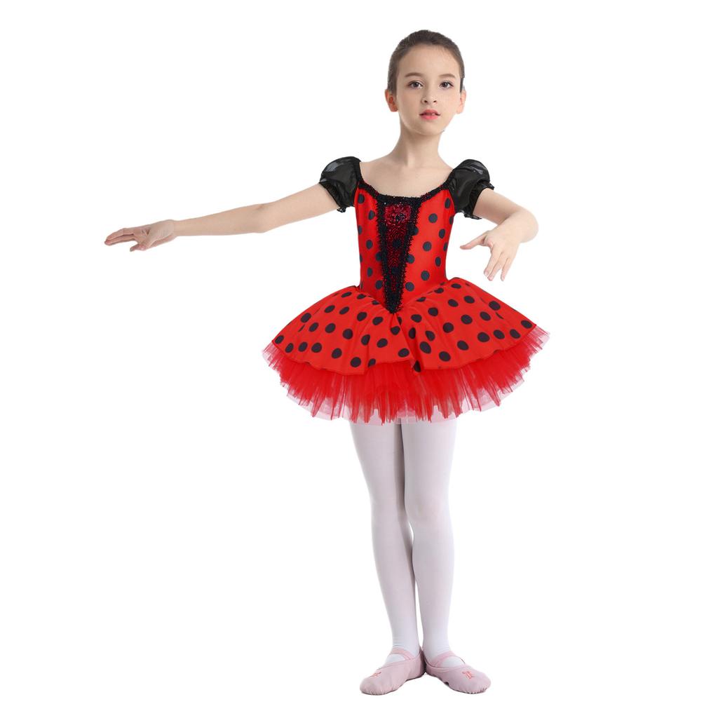 Girls Ballet Tutu Dress Short Puff Sleeve Shiny Sequins Color Block Dots Performance Costume for Recitals
