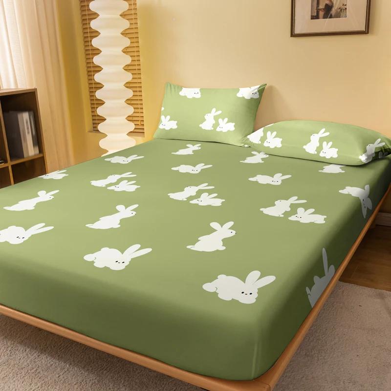 Cartoon 1 Cute Animal Rabbit Printed Matte Fitted Sheet, Bedroom Printed Bed Cover, Bedding Excluding Pillowcases