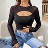 Women's Sense of Front Chest Hollow Mesh Splicing Long-sleeved Short Thin T-shirt