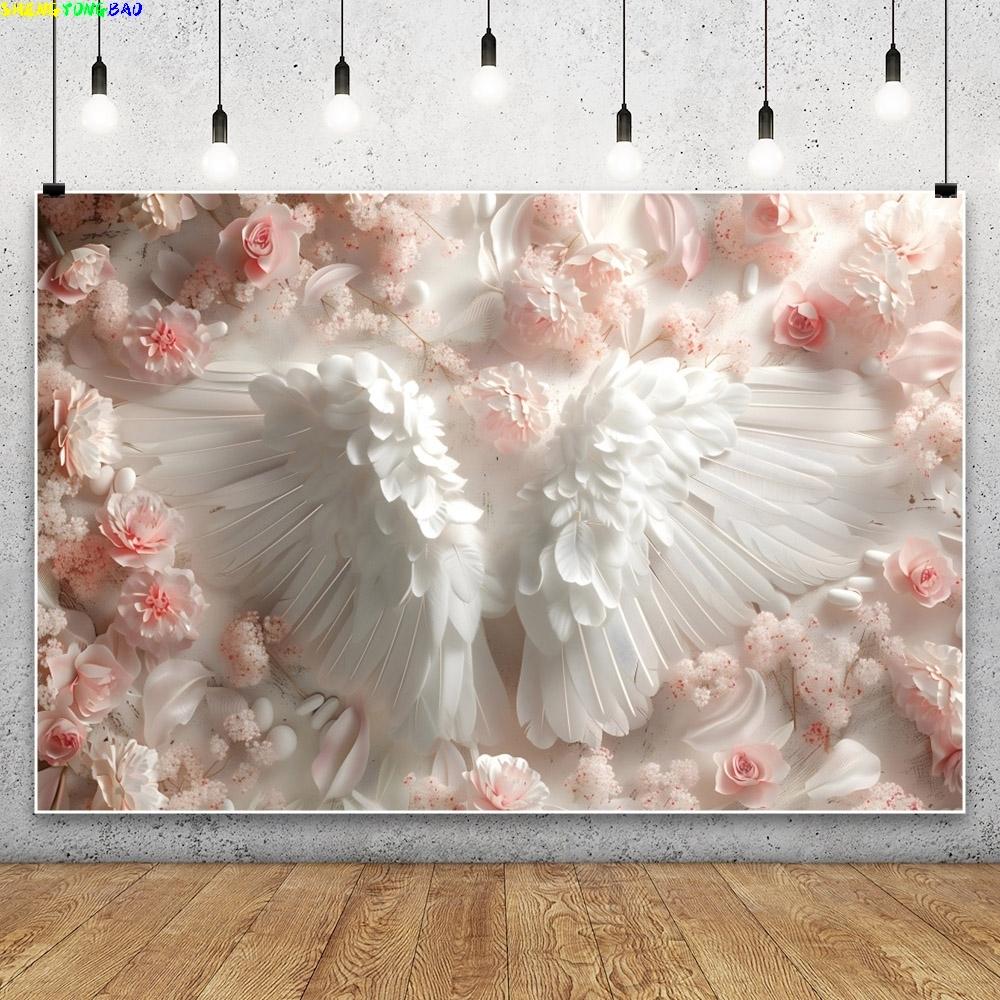 Pink White Art Flowers Butterfly Wing Backgrounds for Photographs Baby Shower Newborn 1st Birthday Party Decor Photo Backdrop