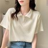 2025 New Summer Waffle Polo Shirt Apricot Hong Kong Style Loose Age-reducing Short-sleeved T-shirt Women's Inner Top
