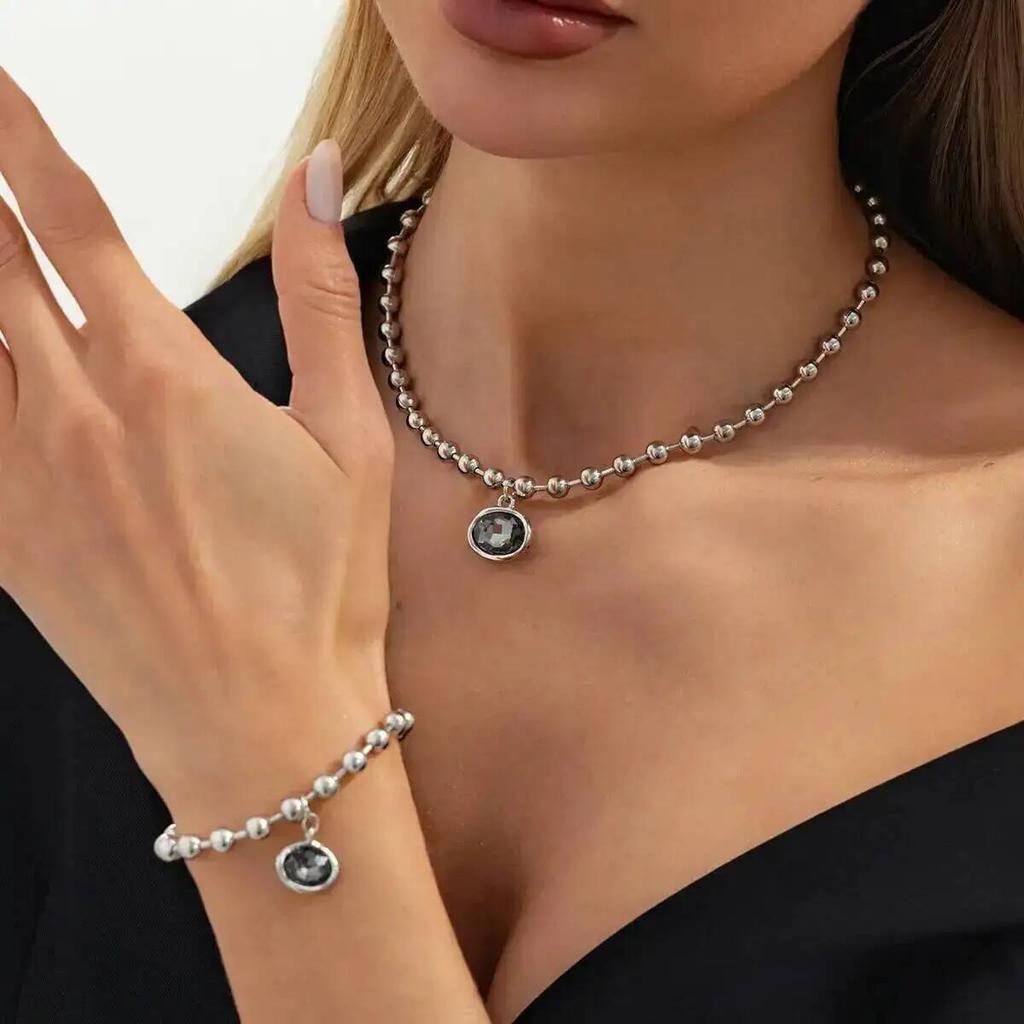 SHIXIN Trendy Luxury Metal Beaded Chain Irregular Black Acrylic Rhinestone Pendant Necklace Bracelets Set Women Daily Jewelry