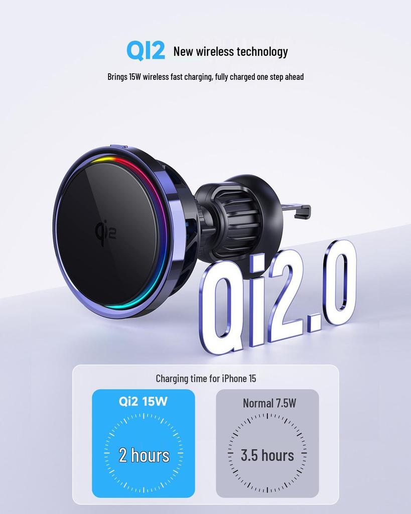 QI2 Magnetic Wireless Car Charger with LED Light and Fast Cooling