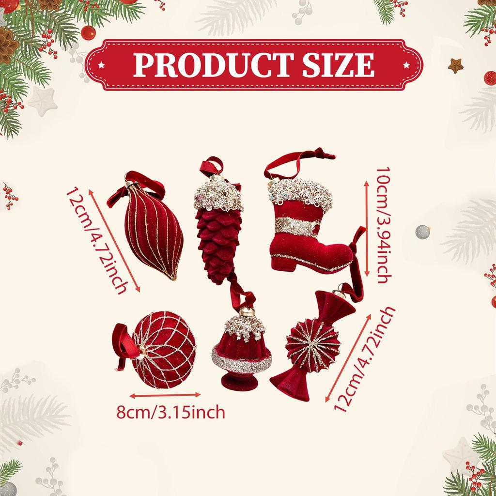 6x Christmas Tree Hanging Ornaments with Flocking Candy Pinecone Boot Xmas Tree Pendants Baubles for Holiday Party Thanksgiving