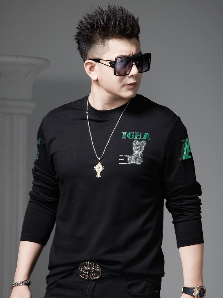 European Station 2026 Spring New Round Neck Long-Sleeve T-Shirt Men's Trendy Bear Print Base Shirt Casual Top