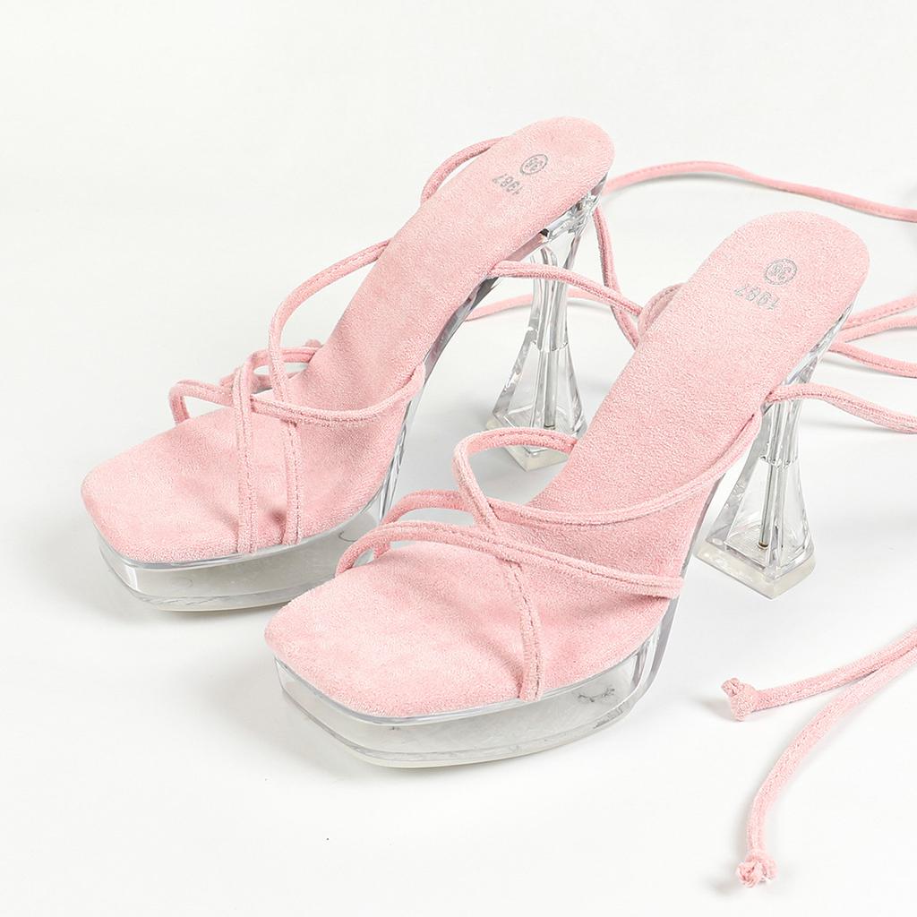 Женские сексуальная модель автомобиля 12 см, модные прозрачные сандалии для ночного клуба на толстом каблуке с квадратной головкой и кристаллами, противоскользящие сандалии с ремешком LFD