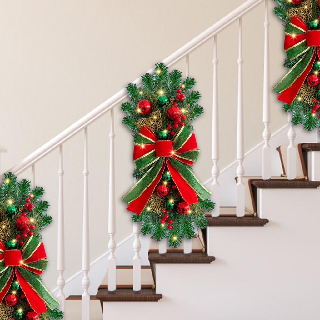 Рождественские искусственные гирлянды, Рождественская предварительно освещенная гирлянда-капля для украшения лестницы, Венок, Гирлянда с красными ягодами для двери и лестницы, Рождественский венок для украшения дома, сада и улицы