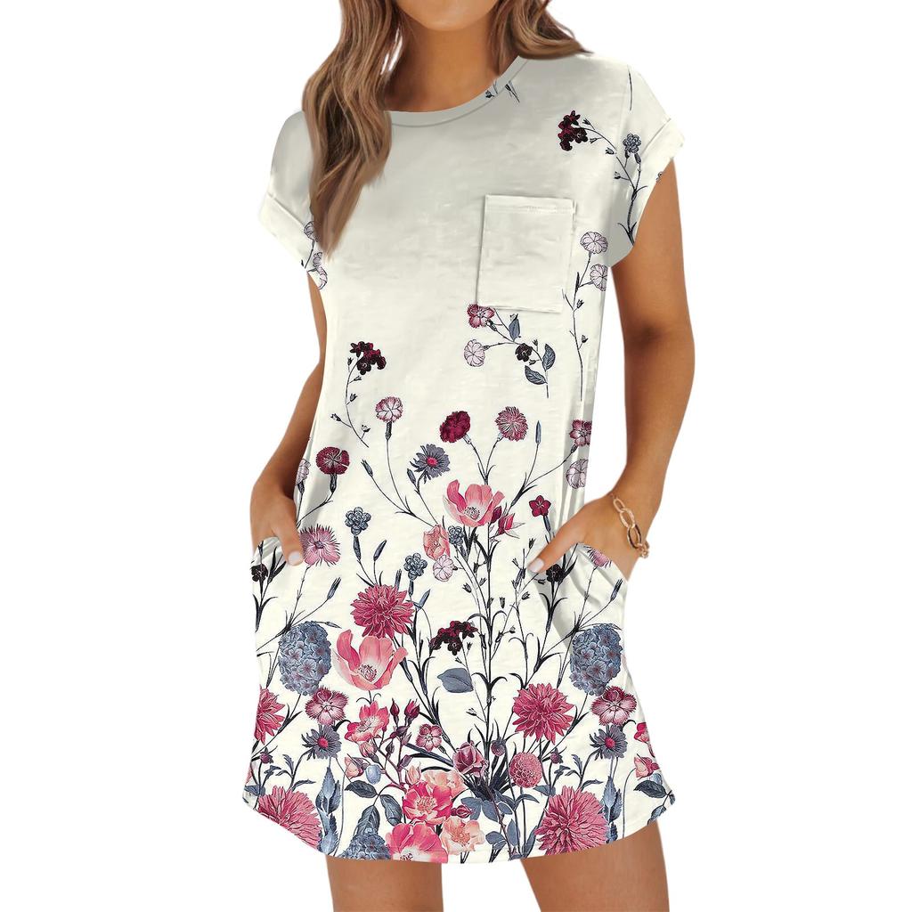 Женская мода повседневная летняя винтажная цветочная печать короткий рукав круглый вырез свободное платье с карманами