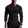 Spring Autumn Men Top Buttoned V Neck Slim Fit Stretchy Mid Length Tee Long Sleeves Pullover Sweatshirt for Home Sports Gym Street Wear