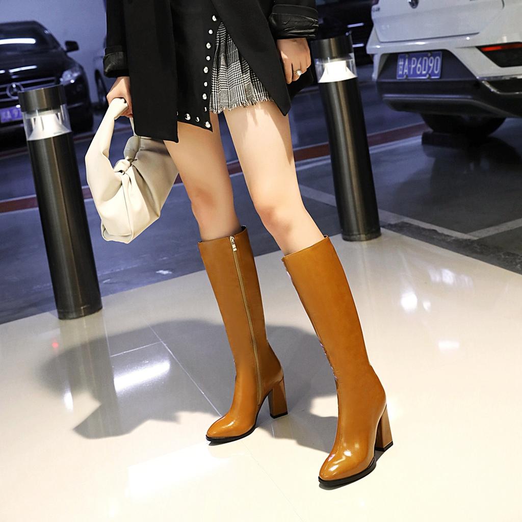 Женские сапоги на высоком каблуке, модный темперамент, осенне-зимние новые сапоги большого размера на толстом каблуке, однотонные, среднего размера