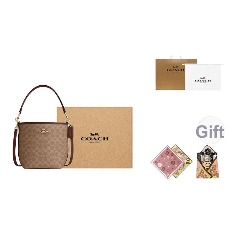 Coach Городская сумка-ведро 17 Монограмма Металлический логотип Signature Покрытие из холста Сумка-тоут Наплечная сумка Маленькая женская сумка Коричневая CT800-IMXHE