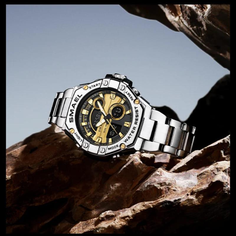 SMAEL Бренд 304 Ремешок из нержавеющей стали 8090 Кварцевые электронные часы будильники Многофункциональные модные спортивные часы с функцией двойного времени