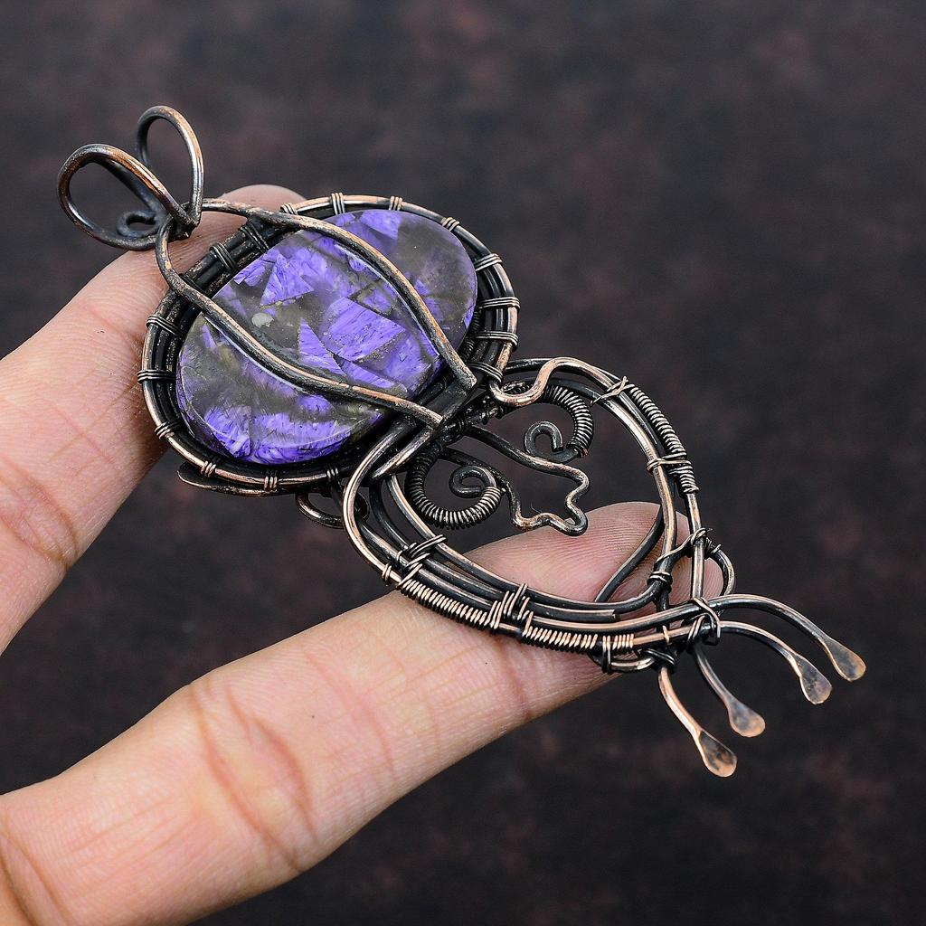 Медный кулон из чароита, обернутый медной проволокой, ювелирное изделие из драгоценных камней, кулон ручной работы в современном стиле из медной проволоки, ювелирное изделие для особого случая, подарок