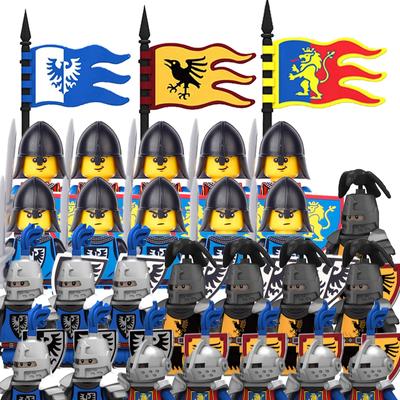 Европейские средневековые военные фигурки рыцарей и солдат, строительные блоки, флаги крестоносцев, оружие, щит, меч, шлем, игрушки в сборе