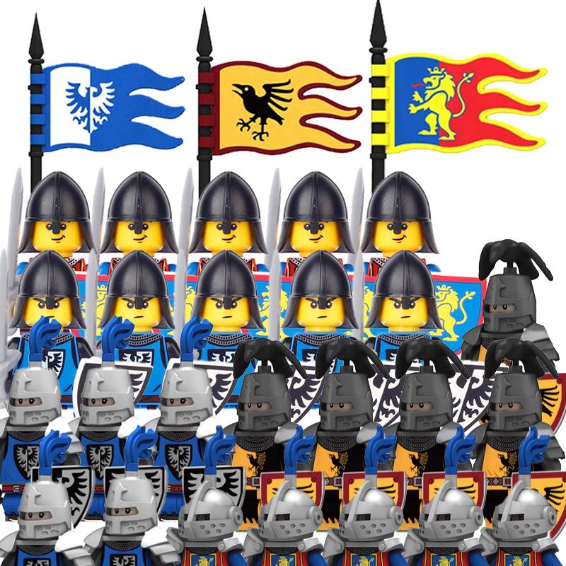 Европейские средневековые военные фигурки рыцарей и солдат, строительные блоки, флаги крестоносцев, оружие, щит, меч, шлем, игрушки в сборе