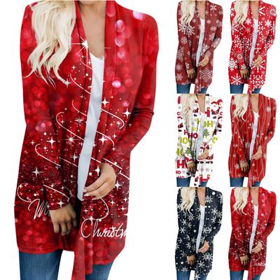 Женский кардиган с рождественским принтом и длинными рукавами спереди, легкая куртка с принтом