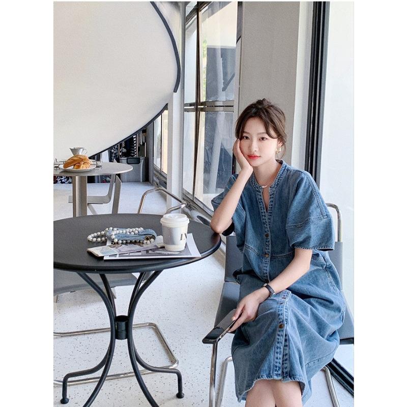 Винтажное джинсовое платье в гонконгском стиле для женщин, летнее, из тонкой ткани, с ощущением высокого качества, свободное, повседневное, прямое, длинное
