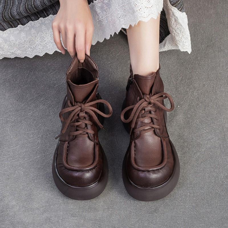 Johnature Натуральная кожа Британский стиль Ретро Толстая подошва Плюшевые Короткие ботинки Универсальная женская обувь на платформе