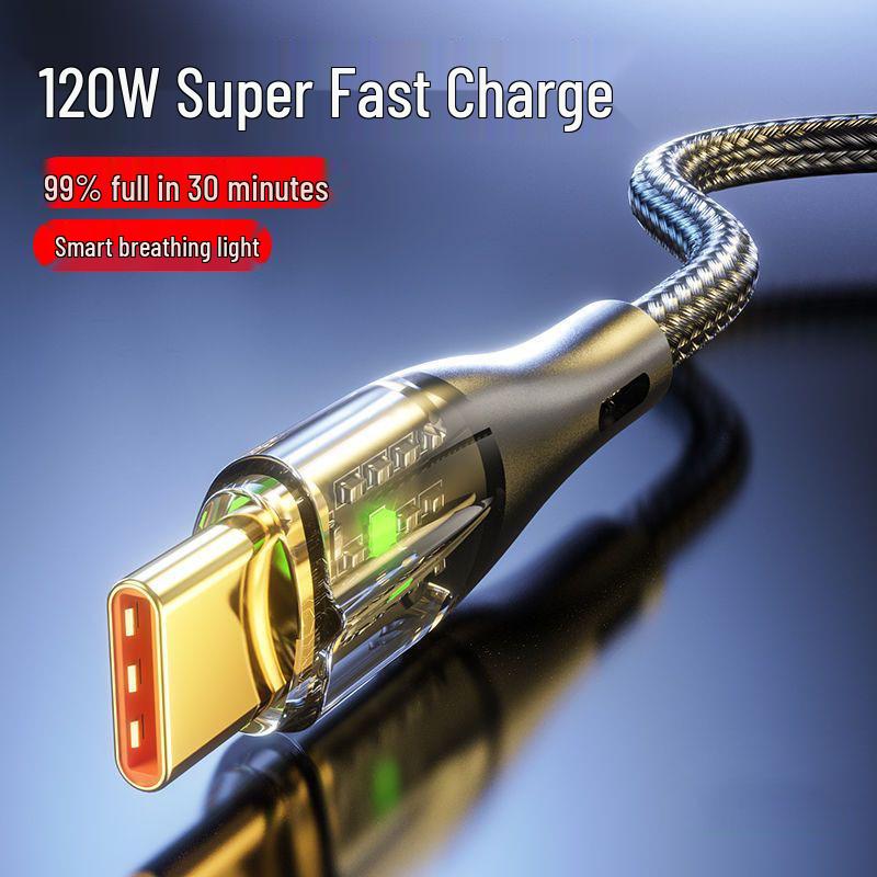 Светящийся плетеный Type-C кабель 120 Вт для Huawei, Xiaomi, Vivo, Oppo - Прозрачный, Super Flash Charge 6A