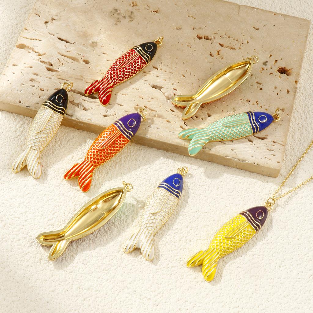 Doreen Box 1 PC Brass Fish Pendants 18K Gold Plated Enamel Fish Animal Ocean Jewelry Charms for Necklace Findings 5.6cm x 1.5cm