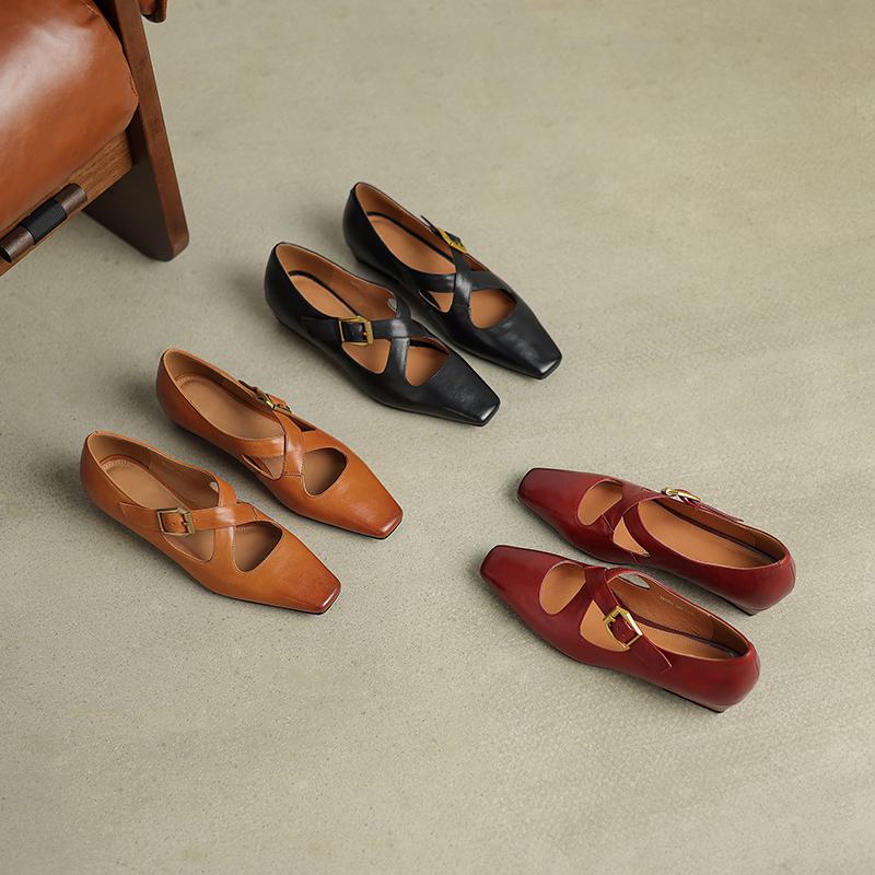 Krazing Pot Cow Skin Spring Summer Size 40 Thick Low Heels Women Square ToeShallow Pumps