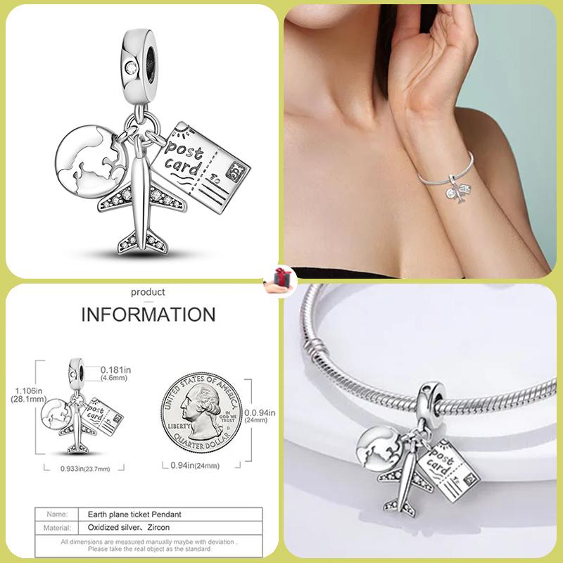 925 Silver Globe Airplane Charm Beads For DIY Bracelet Making Ladies Jewelry 3mm Design