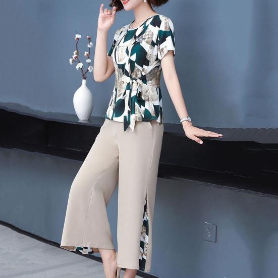 Женский комплект из 2 шт./компл., комплект из топа и брюк, плюс размер, с цветочным принтом, с короткими рукавами, с круглым вырезом, на шнуровке, с узкой талией, футболка с широкими штанинами, лоскутное шитье, женские брюки среднего возраста