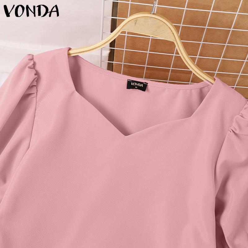 VONDA Летние женские квадратные V-образные вырезы с короткими рукавами, однотонные повседневные блузки
