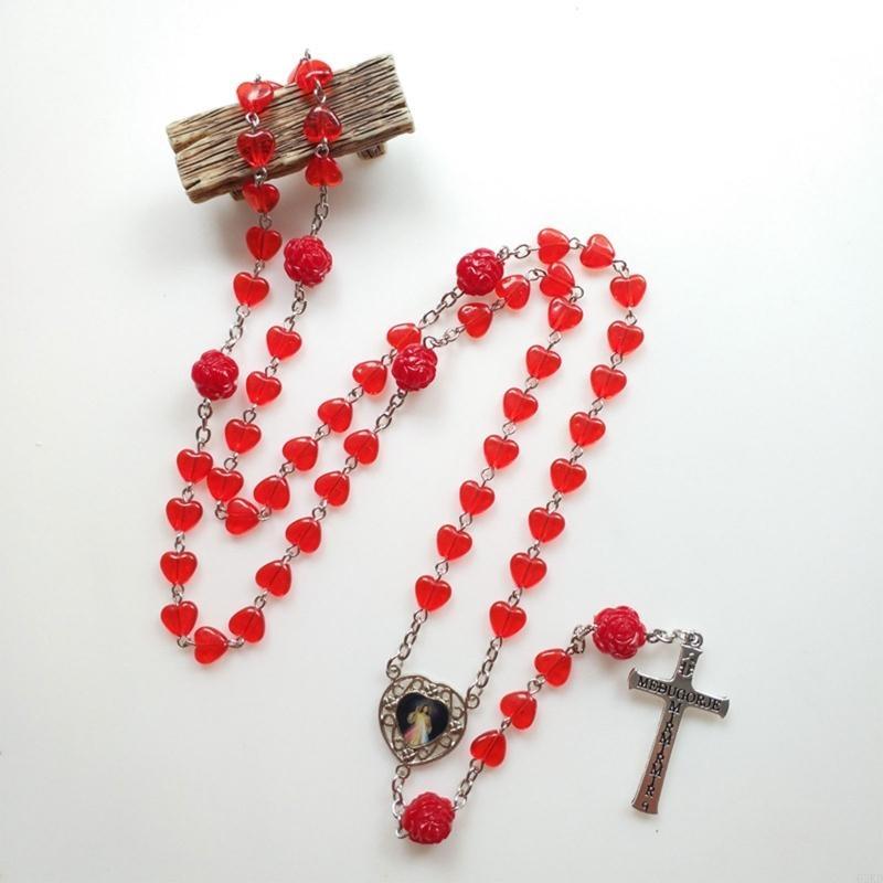 62KD Red Hearts Catholic Rosary Necklace Beads Holy Figure Jesus Hanging Pendant Charm for Women Men Church Decoration Gift