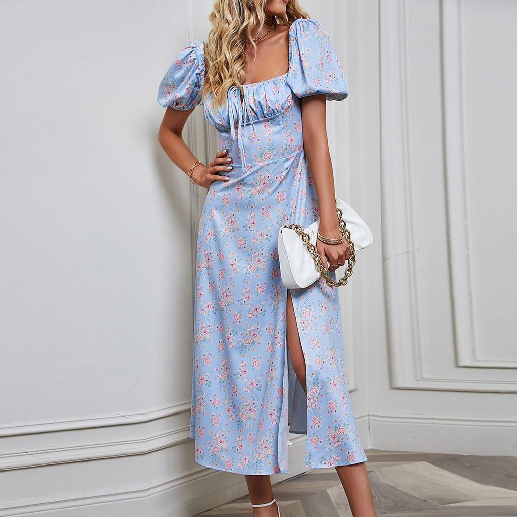 Women's Fashion Casual Sexy Printed Bubble Short-Sleeved Smocked Hem Split Dress