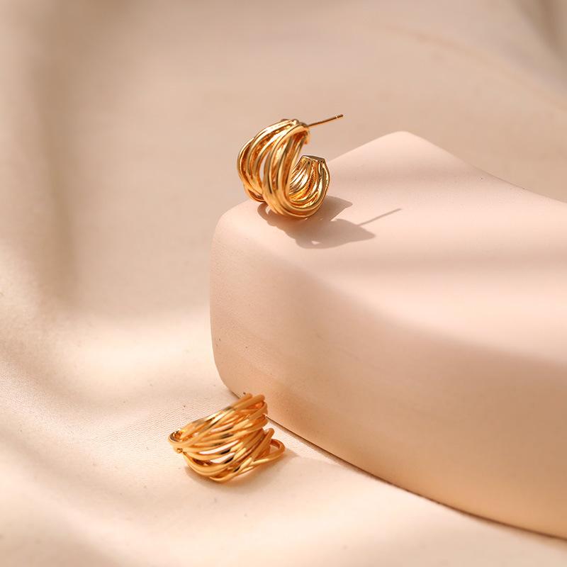French Style Irregular C Shape 18k Gold Plated Earrings For Women
