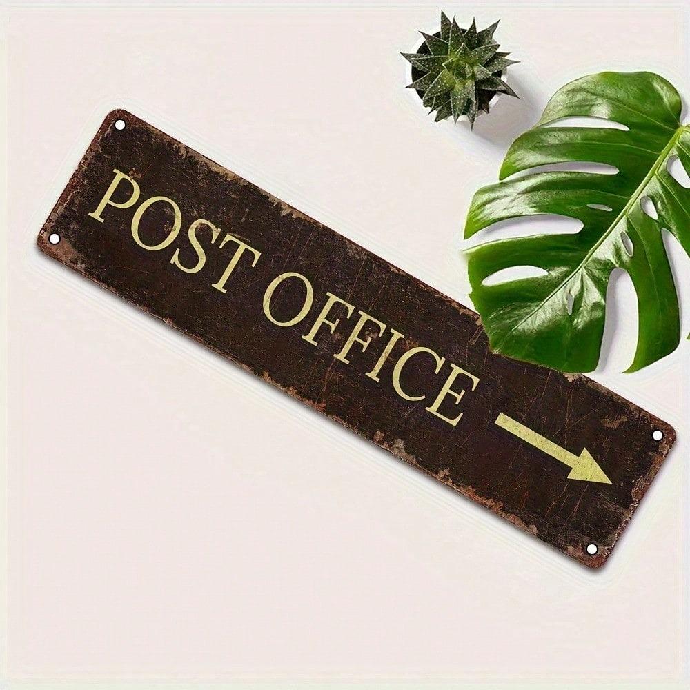 Vintage Metal Post Office Sign – Rustic Arrow Plaque, Gold Lettering, Weathered Retro Wall Decor for Cafe