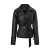 European and American Style PU Leather Motorcycle Jacket with Lapel, Double-breasted Design, Adjustable Waist Belt, for All Seasons