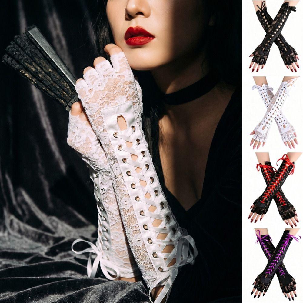 Lolita Ribbon Half Finger Gloves JK Women Gloves Fashion Lace Strap Gloves Long Gloves Prom Dress