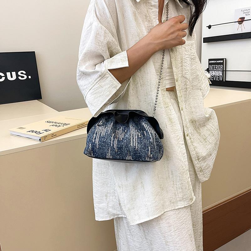 Folded cloud bag women's 2025 autumn new denim sequined clip bag premium chain shoulder messenger bag